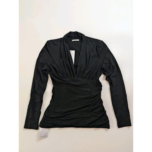 MM. LAFLEUR Large Black FEY Ruched FAUX-WRAP Stretch Knit-Jersey Pullover Top0 - Picture 3 of 9